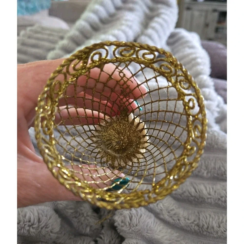 Christmas Santa Claus Gold Glitter Metal Mesh Bell‎ Tree Ornament NOS VINTAGE